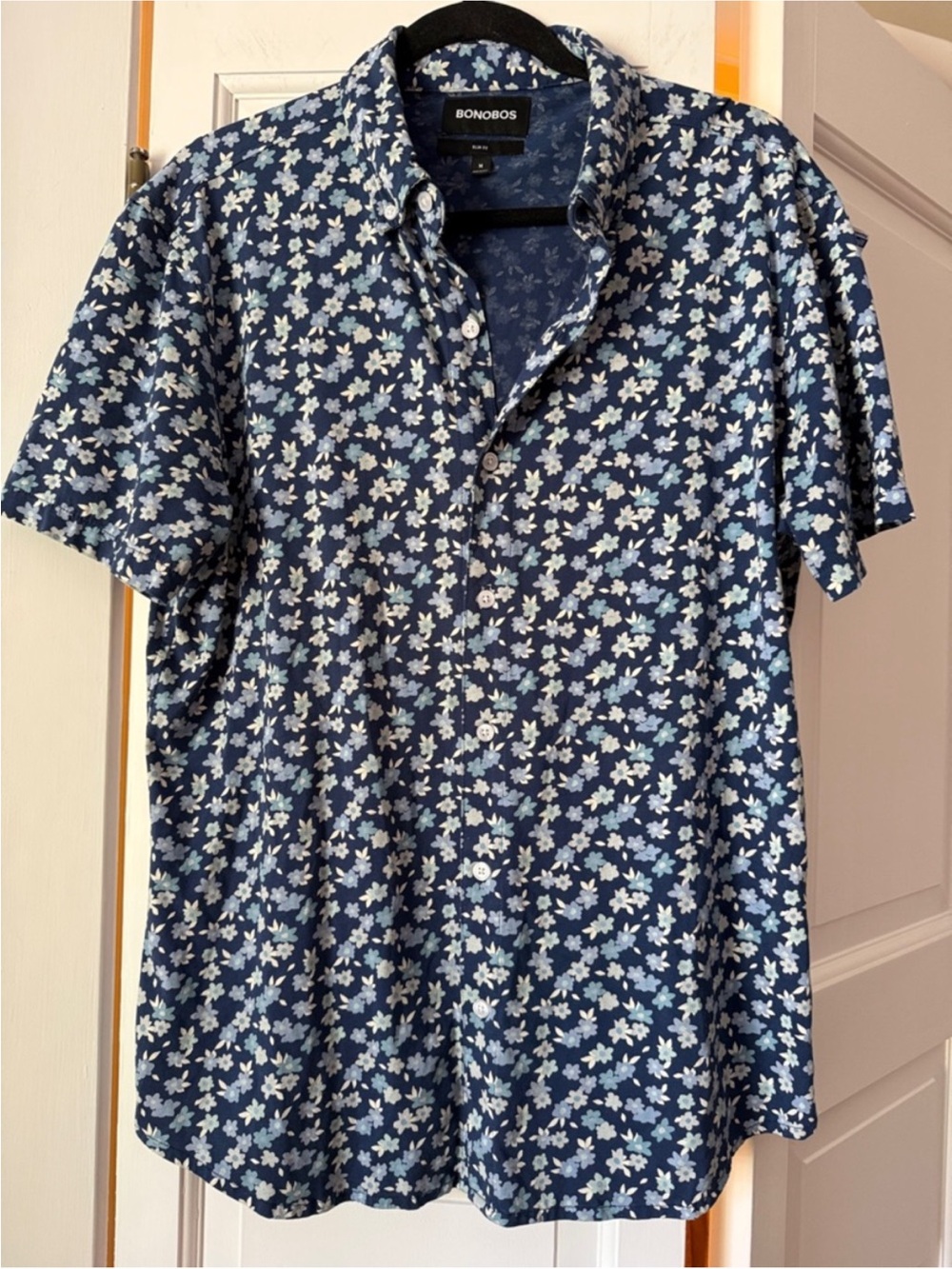 Bonobos Navy Floral Button Down Shirt Pima Cotton Short Sleeve Size Medium